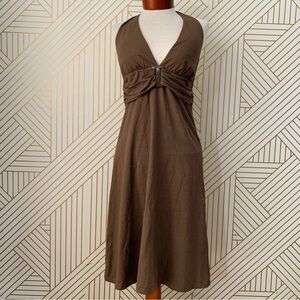 Tommy Bahama cotton blend halter dress brown gathered waist A line built in bra